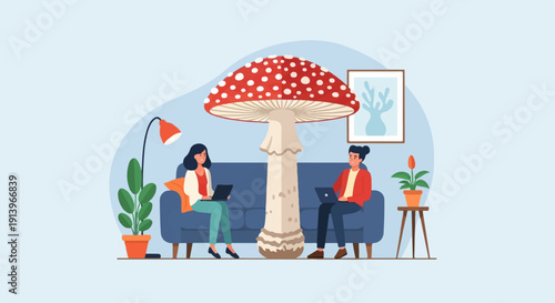 Two people sitting on a couch with a giant mushroom and plants in a room