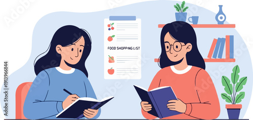 Two people planning food shopping, one writing, one reading a book
