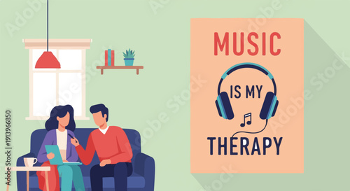 Two people sitting on a sofa, a poster with headphones and text