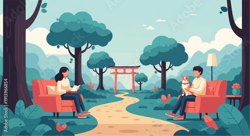 Two people relax outdoors in a serene, stylized park with a red torii gate