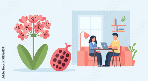 Two people work on laptops in a living room with a flower and fruit