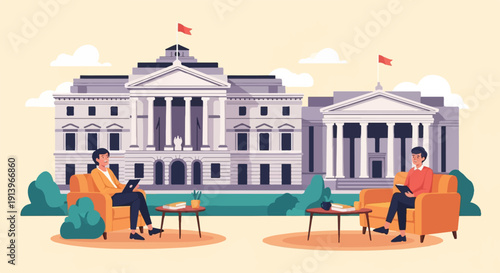 Two people relax outside a grand building, one reading, one on tablet