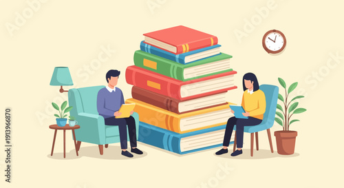 Two people read books in a cozy room with plants and a clock