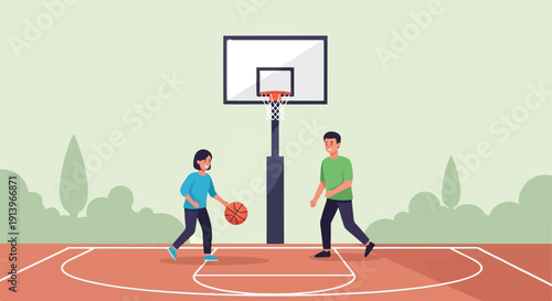 Two people playing basketball on an outdoor court with trees