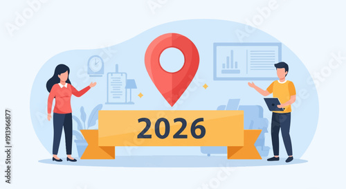 Two people present information around a large location pin and the year 2026