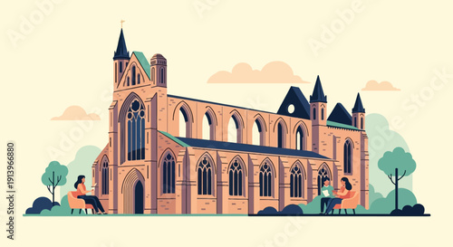 Two people relax outside a historic building amidst greenery and soft clouds