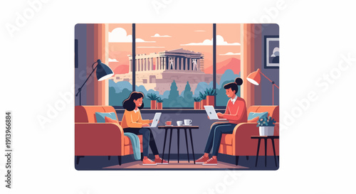 Two people work on laptops in a living room with a view of ancient ruins