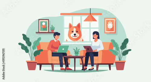 Two people work on laptops while a dog looks out window