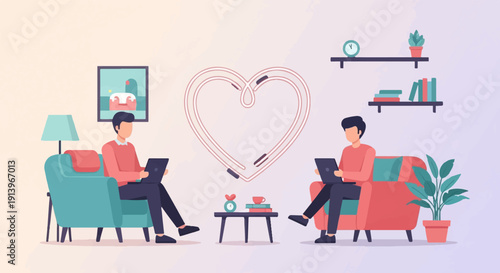 Two people work on laptops in a room with a heart-shaped light