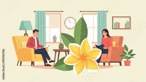 Two people relaxing in armchairs, reading books, with plants and a flower