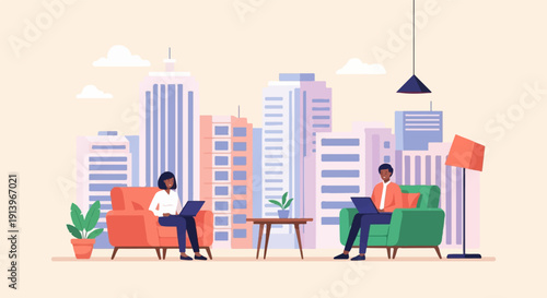 Two people work on laptops while relaxing in comfortable chairs