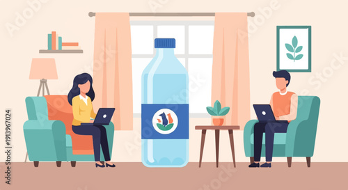 Two people work on laptops in a room with a large water bottle