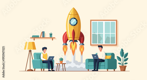 Two people work on laptops in a room with a launching rocket and window