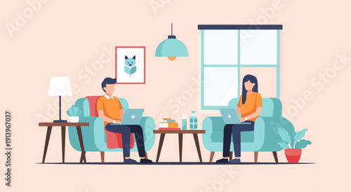 Two people work on laptops while relaxing in comfy chairs