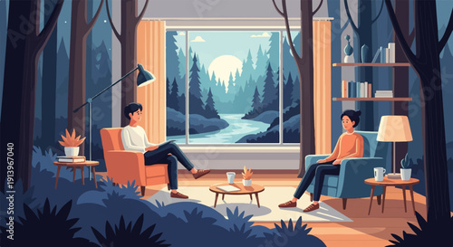 Two people relaxing in chairs, overlooking a serene forest river at sunset