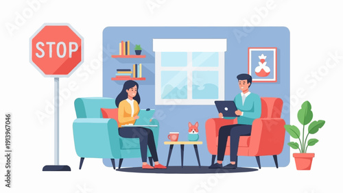 Two people relaxing in comfortable chairs, working on laptops, with a stop sign