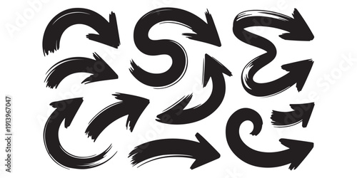 Collection of dynamic black arrows arranged in circular and directional patterns on a white background