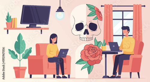 Two people work on laptops in a room with a skull and roses decoration