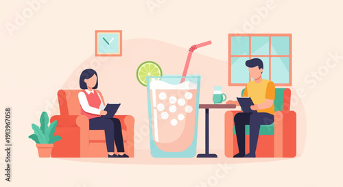 Two people relaxing indoors, a large refreshing drink sits between them