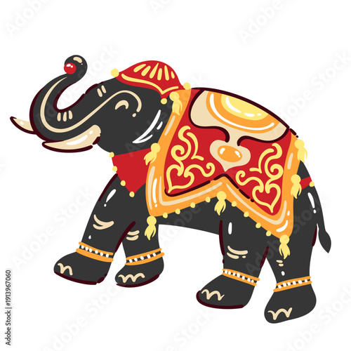 Indian elephant icon. Decorated elephant with ornate blanket, tassels, patterns, curved trunk, traditional cultural detail. Elephant travel symbol, cartoon doodle vector illustration.