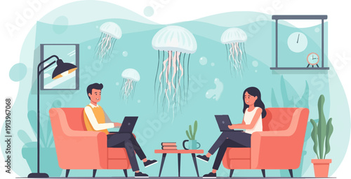 Two people work on laptops in a room with jellyfish swimming outside