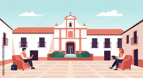 Two people work on laptops in a sunlit courtyard with a fountain