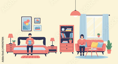 Two people relaxing indoors, one on a bed, the other on a sofa, reading