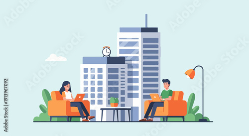 Two people work on laptops while sitting on orange chairs in front of modern buildings