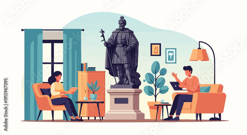 Two people work on laptops in a stylish room with a statue