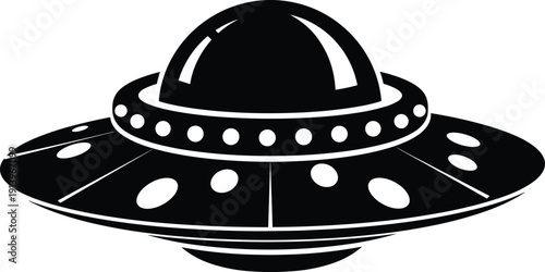Flying saucer UFO silhouette illustration featuring classic alien spacecraft design, science fiction symbol, black vector icon isolated on white background for space and fantasy concepts