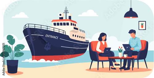 Two people work remotely at a cafe overlooking a large ship at sea