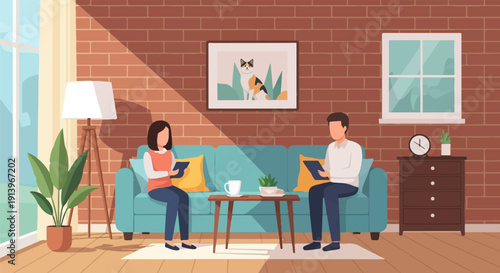 Two people relaxing on a couch, looking at tablets in a cozy living room