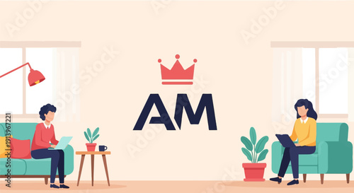 Two people work remotely at home with a crown logo