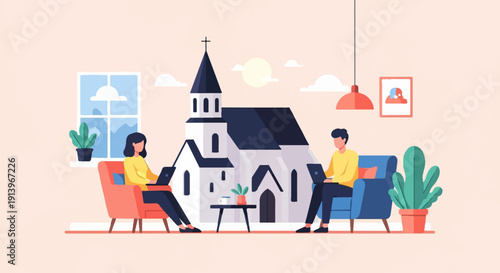 Two people work remotely at home with a church in the background