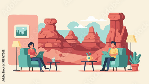 Two people work remotely from cozy armchairs with laptops in a desert landscape