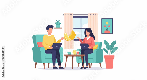 Two people work on laptops in comfortable chairs while sharing a lemon