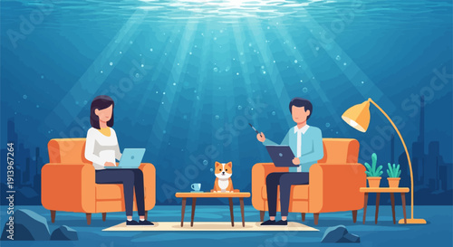 Two people work remotely from cozy chairs in an underwater office with a dog
