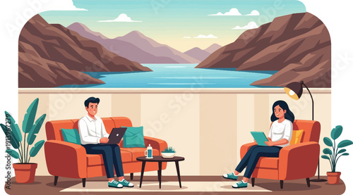 Two people relaxing on armchairs, working on laptops with a scenic view