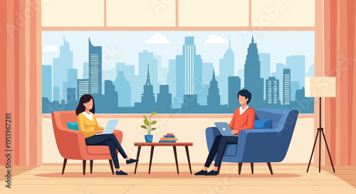 Two people work on laptops in comfortable chairs with a city skyline view