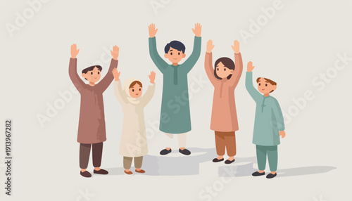 Illustration of a diverse group of people in casual attire raising their hands in unison against a plain background with a sense of unity and celebration.