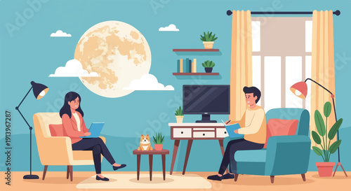 Two people work remotely in a cozy living room with a large moon visible outside