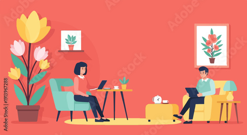 Two people work remotely in a cozy room with plants and art