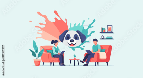 Two people work remotely from home, with a playful dog face illustration