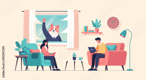 Two people work remotely in a living room, with a dog in a suit waving from window