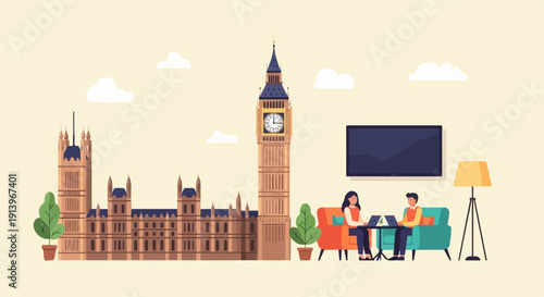 Two people work remotely on laptops near Big Ben in a modern setting