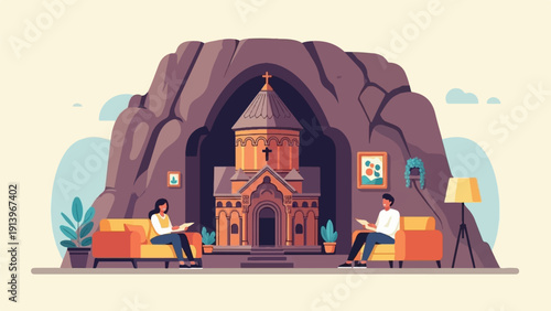 Two people relaxing on sofas in a cave, reading, with a church inside