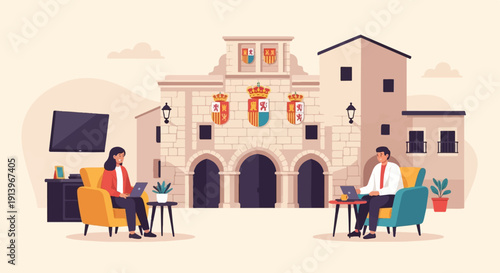 Two people work remotely on laptops in front of a historical building