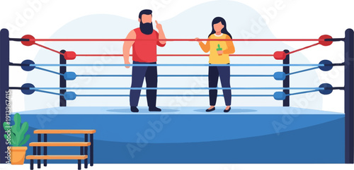 Two people stand in a wrestling ring, one with a beard, the other holding a drink