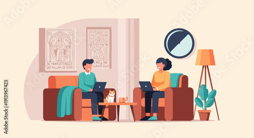 Two people work remotely on laptops while a cat watches