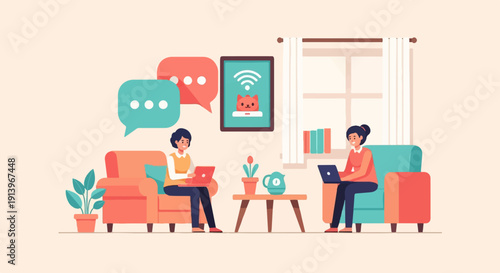 Two people work remotely on laptops while communicating digitally at home